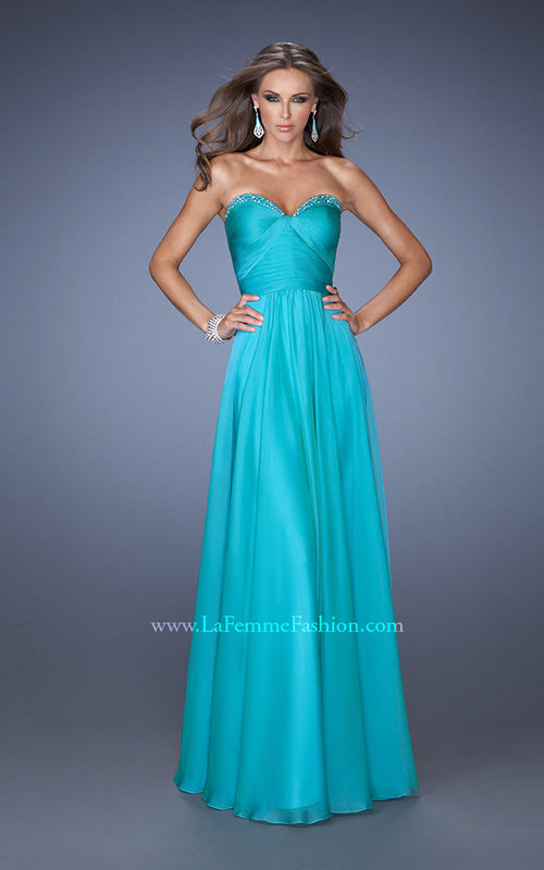 Picture of: Long Strapless Chiffon Prom Dress with a Gathered Bodice in Blue, Style: 19691, Detail Picture 1