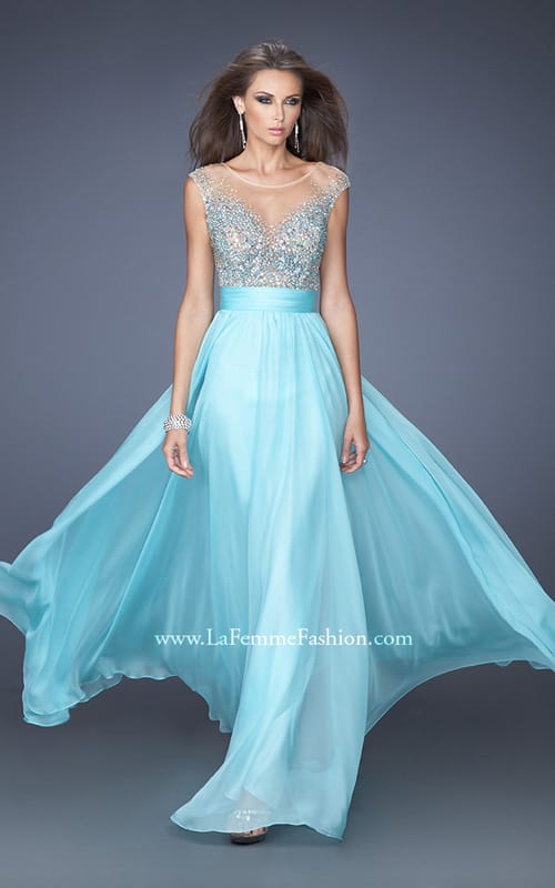 Picture of: Long Chiffon Prom Dress with Bedazzled Sheer Bodice in Blue, Style: 19694, Main Picture