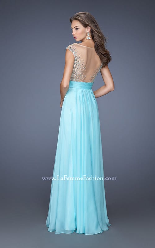 Picture of: Long Chiffon Prom Dress with Bedazzled Sheer Bodice in Blue, Style: 19694, Back Picture
