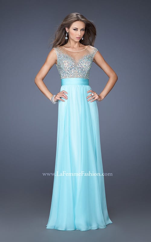 Picture of: Long Chiffon Prom Dress with Bedazzled Sheer Bodice in Blue, Style: 19694, Detail Picture 3