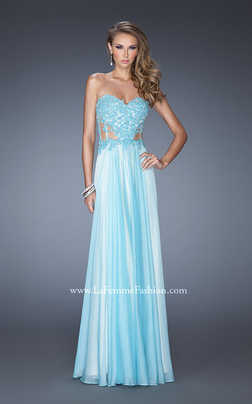 Picture of: Strapless Chiffon Prom Gown with Sheer Corset Lace Bodice in Blue, Style: 19730, Detail Picture 1