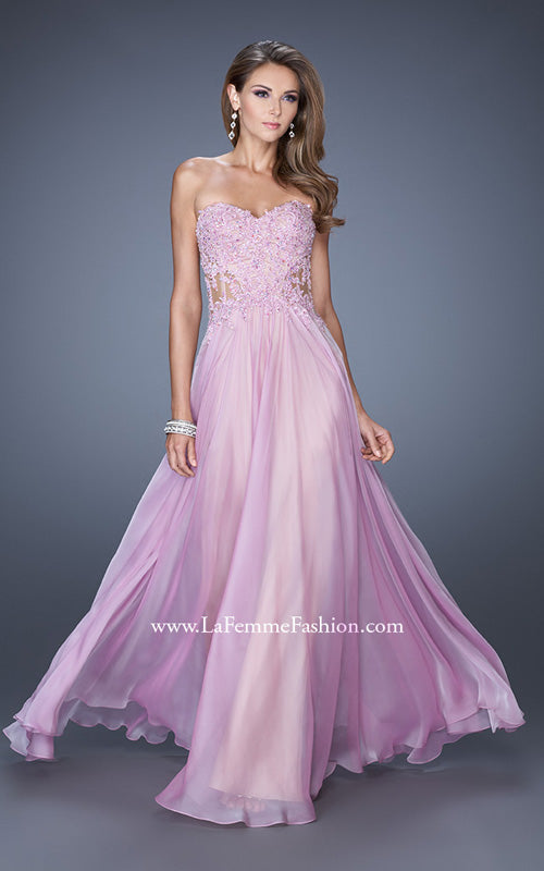 Picture of: Strapless Chiffon Prom Gown with Sheer Corset Lace Bodice in Purple, Style: 19730, Detail Picture 2