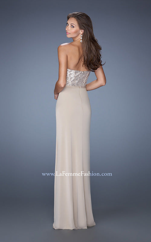 Picture of: Long Strapless Jersey Prom Gown with Sequin Bodice in Nude, Style: 19734, Back Picture