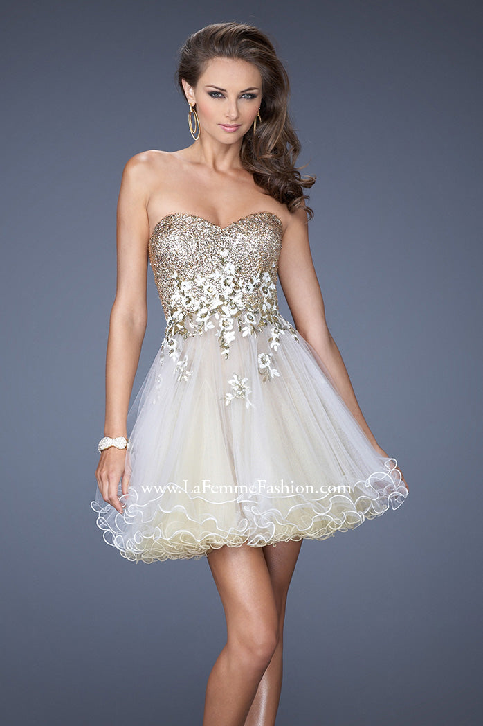 Picture of: Short Strapless Prom Dress with Sequin Bodice and Tulle Skirt in Nude, Style: 19748, Main Picture