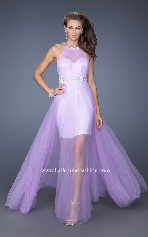 Picture of: Prom Dress with Solid Short Skirt and Sheer Tulle Overlay in Purple, Style: 19840, Main Picture