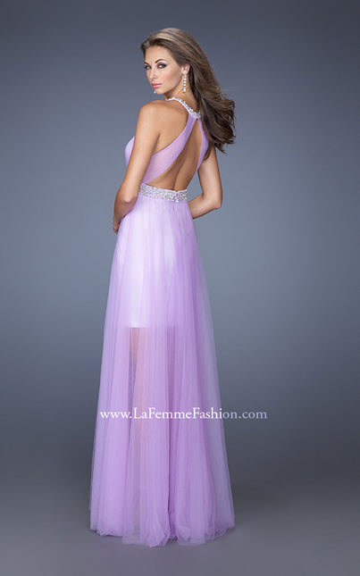 Picture of: Prom Dress with Solid Short Skirt and Sheer Tulle Overlay in Purple, Style: 19840, Back Picture