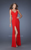 Picture of: Jersey Prom Gown with Side Slit and Ruched Bodice in Red, Style: 19843, Detail Picture 1