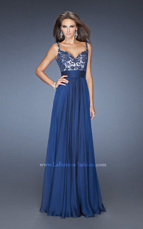 Picture of: Long Chiffon Prom Gown with Jewel Lace Bodice in Blue, Style: 19882, Detail Picture 1