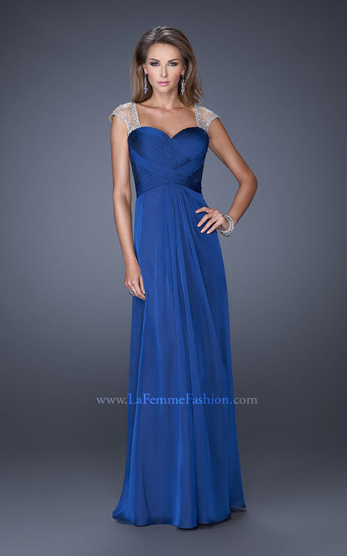 Picture of: Sweetheart Chiffon Gown with Sheer Cap Sleeves and Slit in Blue, Style: 19883, Detail Picture 1