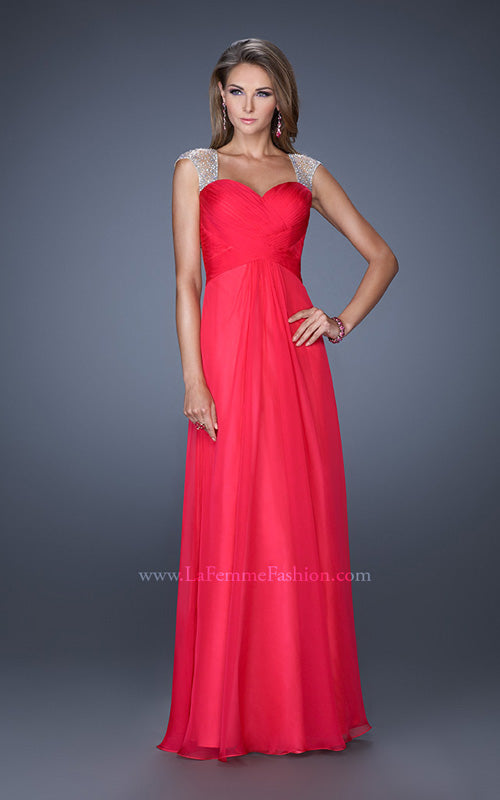 Picture of: Sweetheart Chiffon Gown with Sheer Cap Sleeves and Slit in Pink, Style: 19883, Detail Picture 2