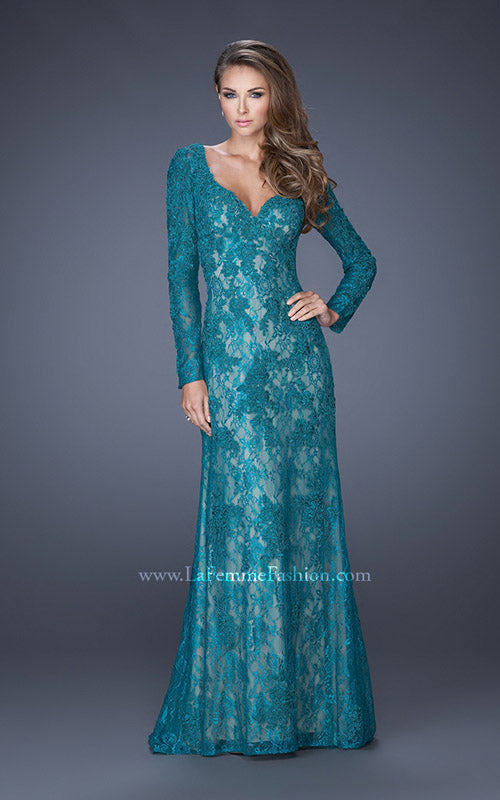 Picture of: Lace Prom Gown with V Neckline and Sheer Lace Sleeves in Green, Style: 19893, Main Picture