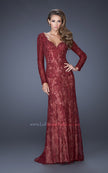 Picture of: Lace Prom Gown with V Neckline and Sheer Lace Sleeves in Red, Style: 19893, Detail Picture 1