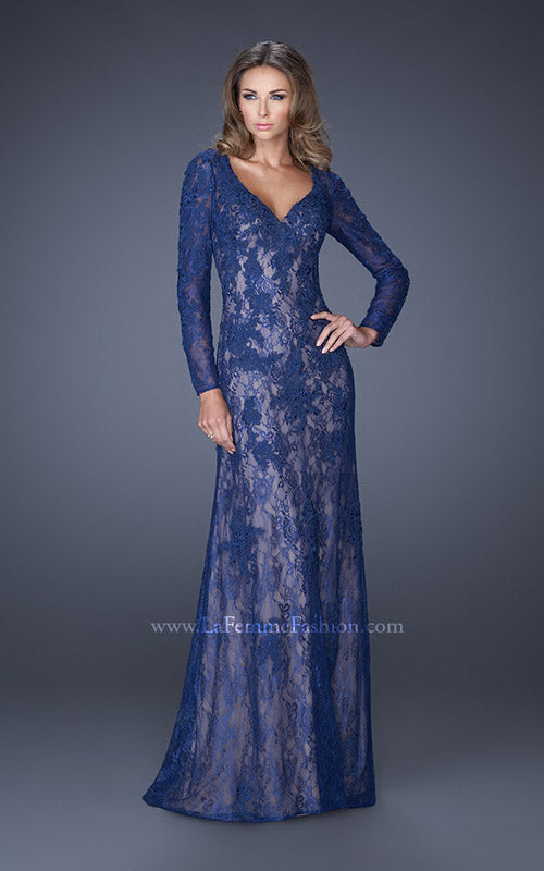 Picture of: Lace Prom Gown with V Neckline and Sheer Lace Sleeves in Blue, Style: 19893, Detail Picture 2