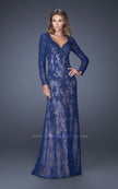 Picture of: Lace Prom Gown with V Neckline and Sheer Lace Sleeves in Blue, Style: 19893, Detail Picture 2