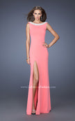 Picture of: Boat Neck Jersey Prom Dress with Side Slit and Pearls in Pink, Style: 19917, Main Picture