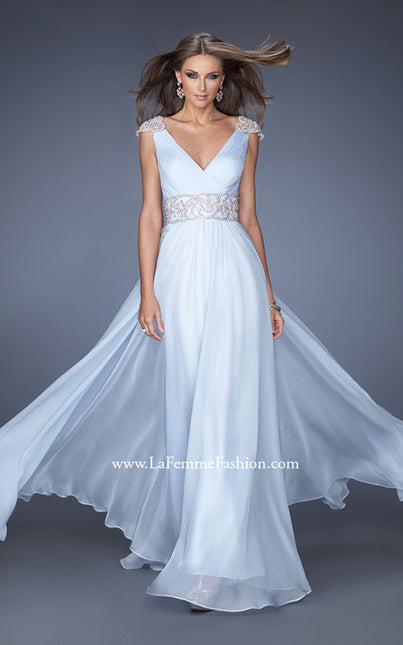 Picture of: Pleated Chiffon V Neck Gown with Beaded Cap Sleeves in Blu, Style: 19936, Main Picture