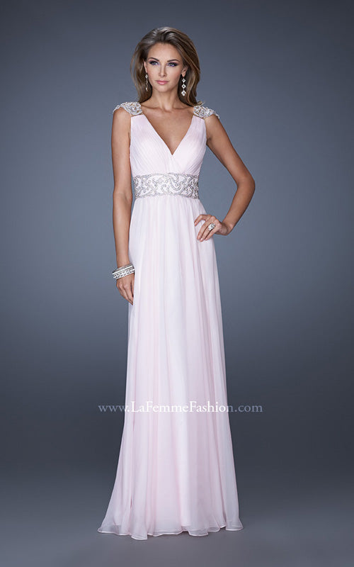 Picture of: Pleated Chiffon V Neck Gown with Beaded Cap Sleeves in Pink, Style: 19936, Detail Picture 1