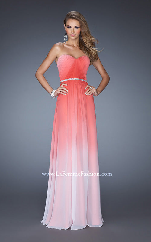 Picture of: Ombre Chiffon Dress with Jeweled Belt and Open Back in Pink, Style: 19989, Detail Picture 1