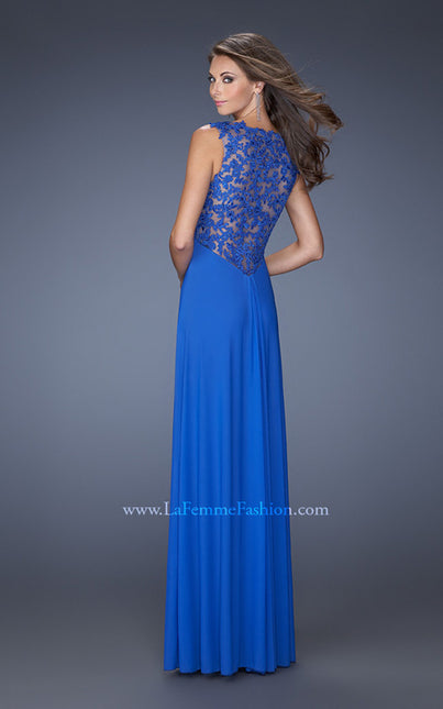 Picture of: Long Prom Dress with Front and Back Lace Detailing in Blue, Style: 19993, Back Picture