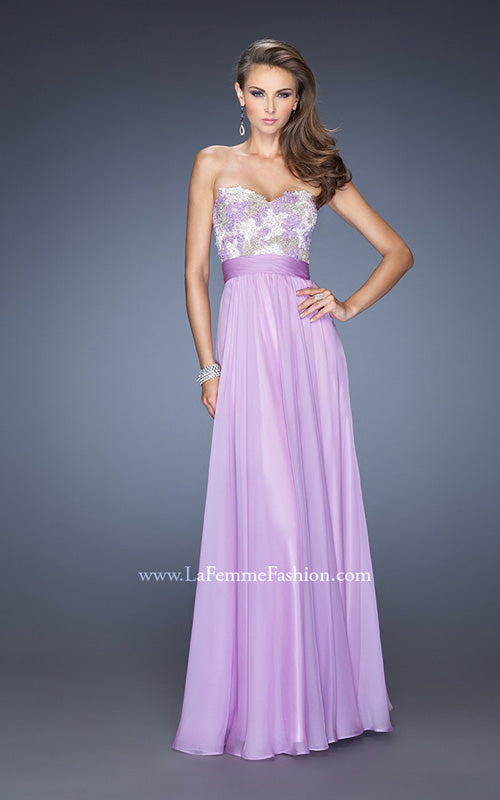 Picture of: Strapless Chiffon Gown with Multi Colored Lace Bodice in Purple, Style: 20001, Detail Picture 1