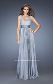 Picture of: Long Prom Gown with Pearl and Stone Encrusted Bodice in Silver, Style: 20003, Detail Picture 2