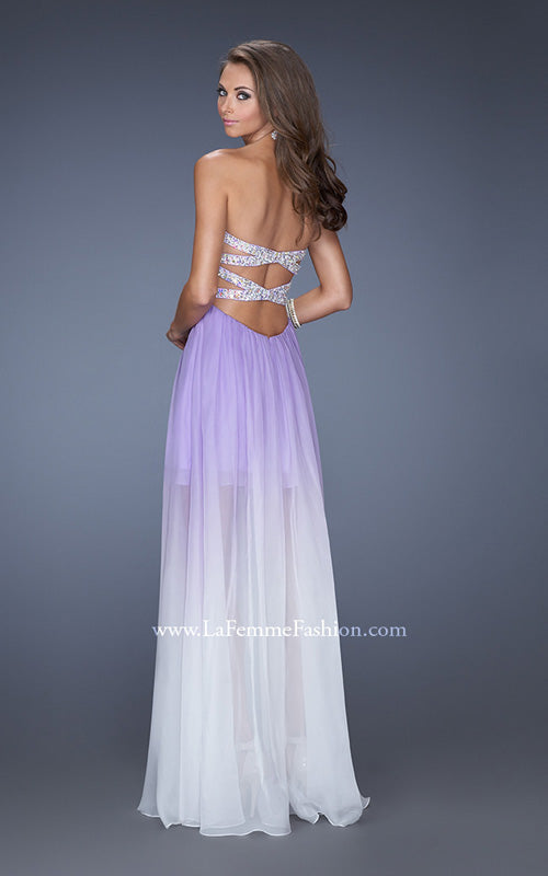 Picture of: Strapless Ombre Prom Dress with Ruching and Jewels in Purple, Style: 20028, Back Picture