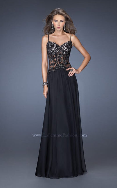 Picture of: Drop Waist Chiffon Prom Dress with Stone Adorned Lace in Black, Style: 20031, Main Picture