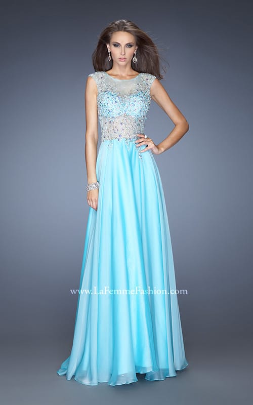 Picture of: Chiffon Prom Dress with Boat Neck and Cap Sleeves in Blue, Style: 20074, Main Picture