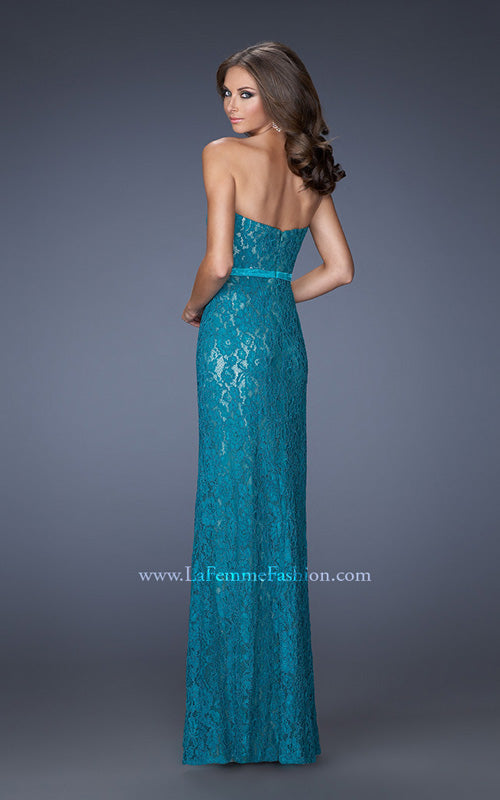 Picture of: Strapless Column Prom Dress with Lace Detail and Belt in Blue, Style: 20107, Back Picture