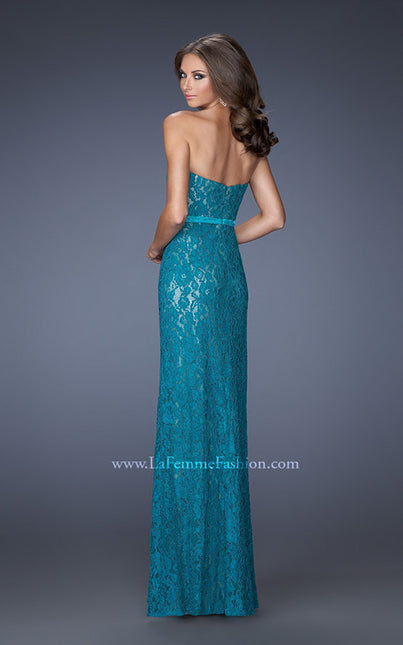 Picture of: Strapless Column Prom Dress with Lace Detail and Belt in Blue, Style: 20107, Back Picture