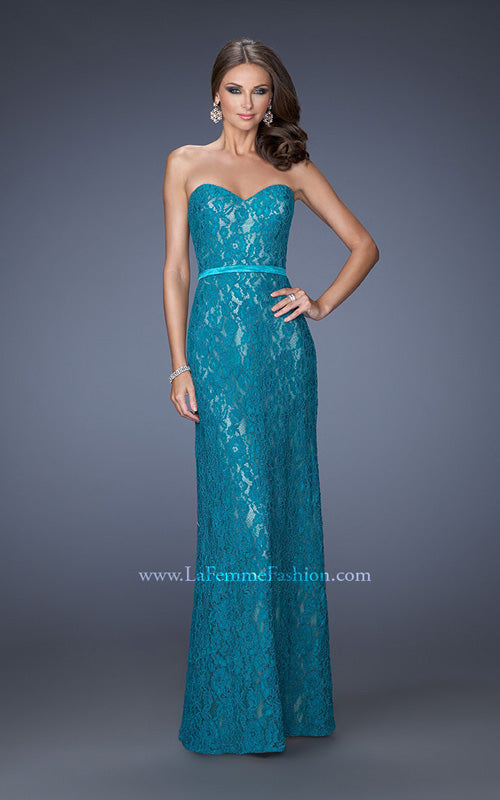 Picture of: Strapless Column Prom Dress with Lace Detail and Belt in Blue, Style: 20107, Detail Picture 1