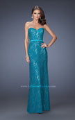 Picture of: Strapless Column Prom Dress with Lace Detail and Belt in Blue, Style: 20107, Detail Picture 1