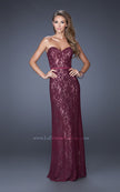 Picture of: Strapless Column Prom Dress with Lace Detail and Belt in Red, Style: 20107, Detail Picture 2