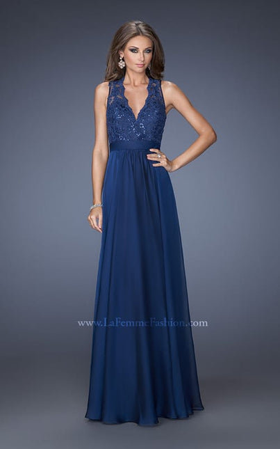 Picture of: V Neck Prom Dress with Gathered Skirt and Illusion Sleeves in Blue, Style: 20109, Main Picture