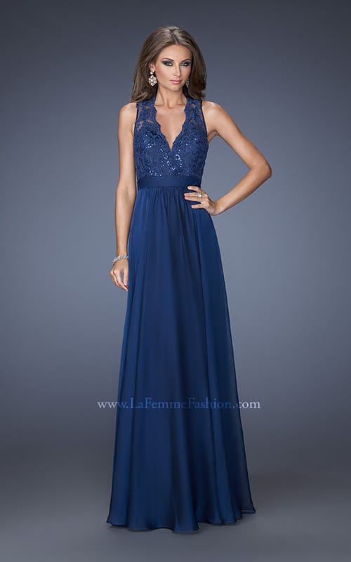 Picture of: V Neck Prom Dress with Gathered Skirt and Illusion Sleeves in Blue, Style: 20109, Main Picture
