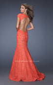 Picture of: Cap Sleeve Lace Mermaid Dress with Open Back in Orange, Style: 20117, Back Picture
