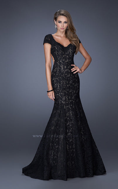 Picture of: Cap Sleeve Lace Mermaid Dress with Open Back in Black, Style: 20117, Detail Picture 3