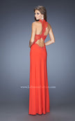 Picture of: Fitted Jersey Prom Gown with V Neckline and Jeweled Lace in Orange, Style: 20125, Detail Picture 1