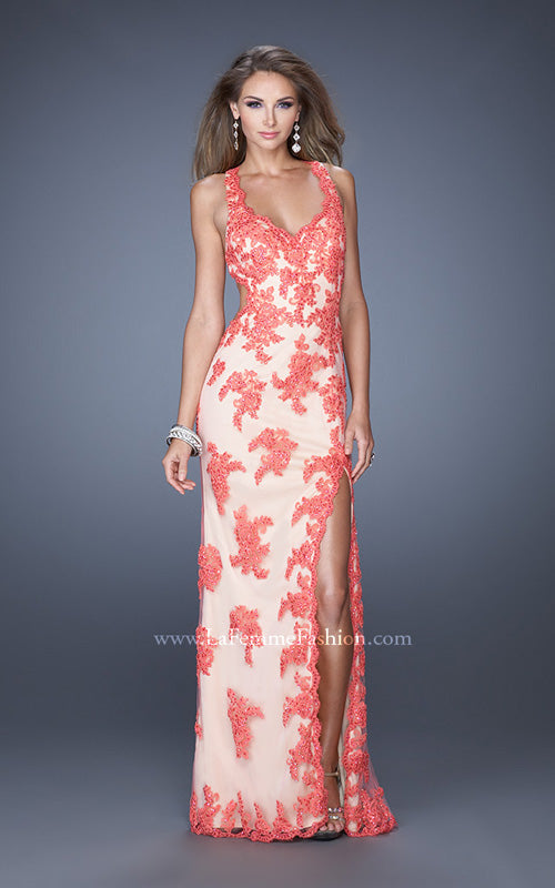 Picture of: Elegant V-Neck Prom Dress with Side Slit and Net Lace in Orange, Style: 20146, Detail Picture 2