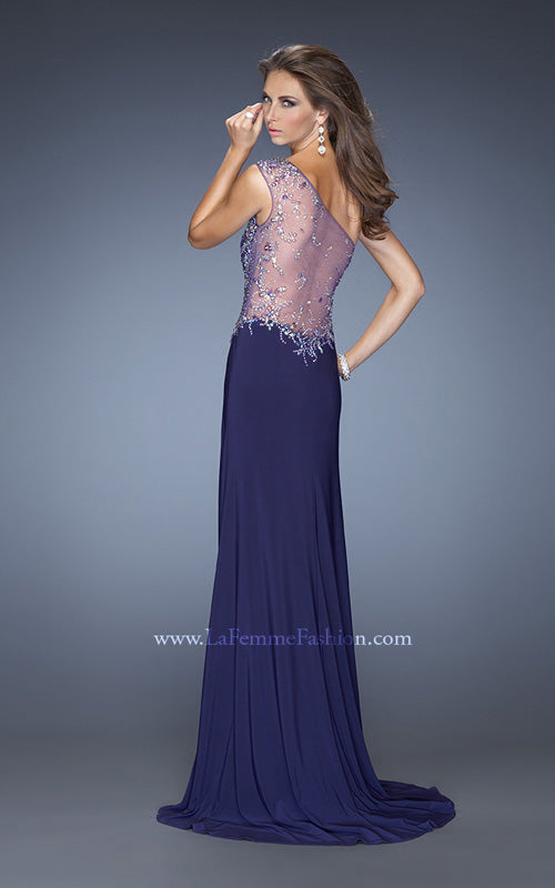 Picture of: Long Ruched Prom Dress with Side Slit and Net Detail in Blue, Style: 20176, Back Picture