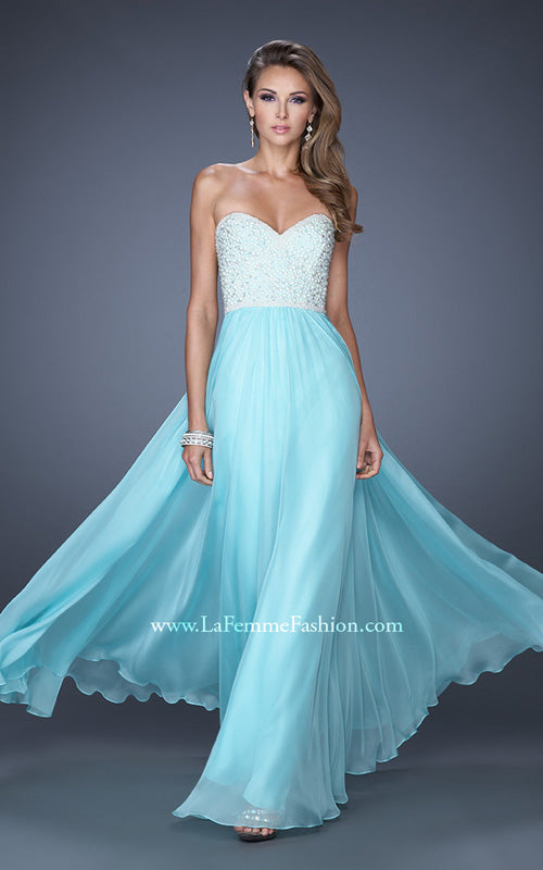 Picture of: Long Chiffon Prom Gown with Pearls and Rhinestones in Blue, Style: 20211, Detail Picture 3