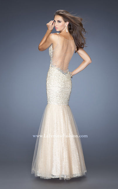 Picture of: V Neck Lace Mermaid Prom Dress Covered in Sequins in Nude, Style: 20381, Back Picture