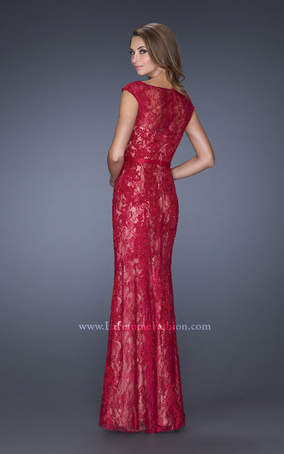 Picture of: Lace Evening Gown with Cap Sleeves and Ribbon Belt in Red, Style: 20394, Back Picture
