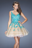 Picture of: Lace Short Dress with Full Tulle Skirt and Sheer Neck in Blue, Style: 20399, Main Picture