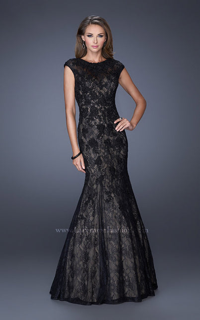 Picture of: Trumpet Style Gown with Sheer Lace Detailing in Black, Style: 20427, Detail Picture 1