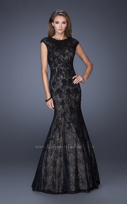 Picture of: Trumpet Style Gown with Sheer Lace Detailing in Black, Style: 20427, Detail Picture 1