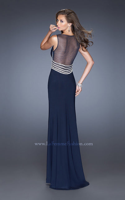 Picture of: Fitted Jersey Prom Dress with Sheer Net Detail and Slit in Blue, Style: 20438, Back Picture