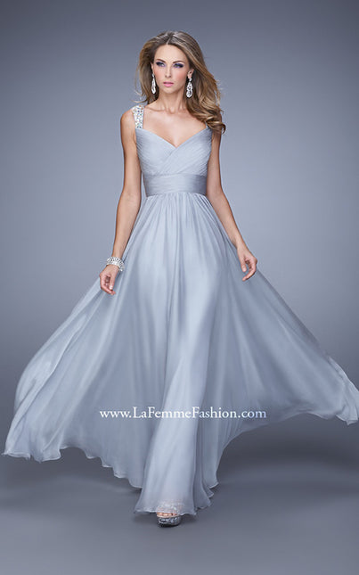 Picture of: Long Chiffon Gown with Jeweled Straps and V Neck in Silver, Style: 20448, Detail Picture 2