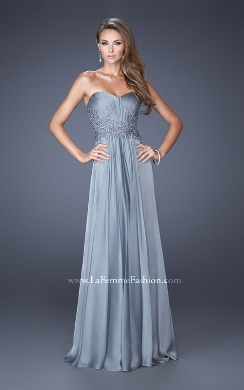 Picture of: Long Prom Gown with Jeweled Lace Accents on the Waist in Silver, Style: 20449, Main Picture