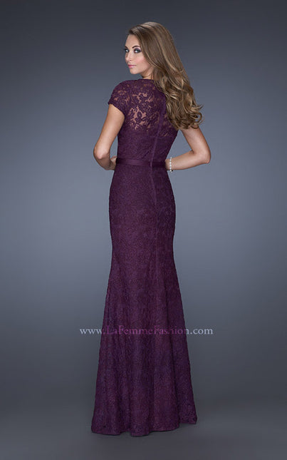 Picture of: Cap Sleeve Lace Evening Dress with Belted Waist in Purple, Style: 20464, Back Picture